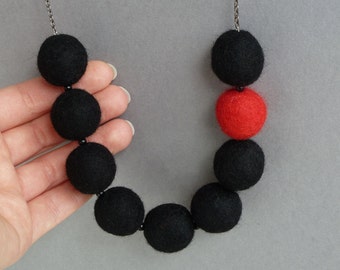 Chunky Black and Red Felt Necklace - Felted Bead Contrast Jewelry - Fun Jet Black Statement Necklaces - Colourful Jewellery Gifts for Women