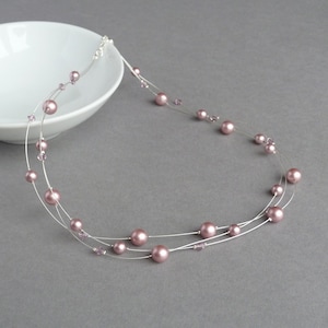 Dusky Pink Multi-strand Necklace - Blush Pink Pearl Bridesmaids Jewellery - Dusty Rose Bridal Party Gifts for Women - Powder Pink Wedding
