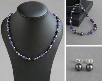 Paarse kralen sieradenset - Amethist sierlijke enkele streng sieradensets - Royal Purple One Strand ketting, armband en oorbel cadeauset