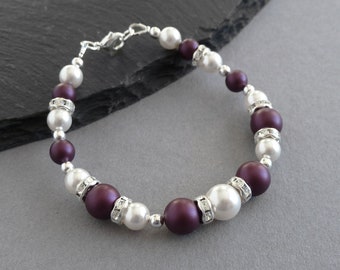 Plum Pearl Bracelet - Aubergine Bridesmaids Jewelry - Purple Crystal Bridal Party Bracelets - Eggplant and White Attendant Gifts for women