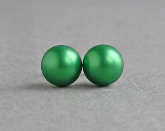 8mm Eden Green Pearl Studs - Simple Round Bright Green Stud Earrings - Emerald Coloured Glass Pearl Jewellery Gifts for Women - Colourful