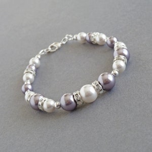 Lilac and White Pearl and Crystal Bracelet - Mauve Glass Pearl Bracelets - Light Purple Wedding Jewellery for Women - Dusty Lavender Gifts
