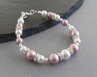 Dusky Pink Bracelet - Powder Rose Pearl and Crystal Bridal Party Gifts - Dusty Pink Bridesmaids Jewellery for Women - Blush Pink Wedding