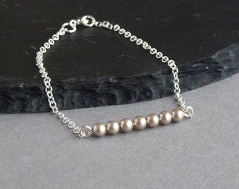 Champagne Pearl and Silver Layering Bracelet - Taupe Bridesmaids Bracelets - Coffee Wedding Jewellery - Platinum Swarovski Gifts for Women