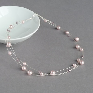 Blush Pink Floating Pearl Necklace - Pale Pink Multi-strand Crystal Necklaces - Light Baby Pink Bridesmaid Jewellery - Bridal Party Gifts