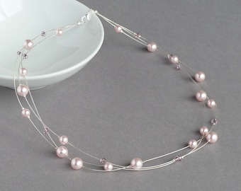 Blush Pink Floating Pearl Necklace - Pale Pink Multi-strand Crystal Necklaces - Light Baby Pink Bridesmaid Jewellery - Bridal Party Gifts