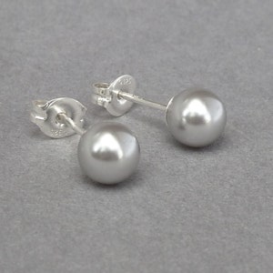 6mm Silver Grey Pearl Studs - Light Grey Swarovski Pearl Stud Earrings - Pale Gray Everyday Jewellery for Women - Bridesmaids Gifts for Her