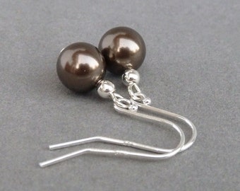 Simple Chocolate Swarovski Pearl Dangle Earrings - Dark Brown Glass Pearl and Sterling Silver Drop Earrings - Jewellery for Women - Gifts