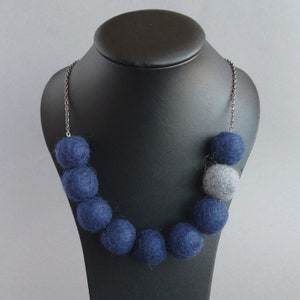 Navy Felt Necklace - Dark Blue and Gray Chunky Felt Ball Necklaces - Midnight Blue Everyday Statement Necklace - Colourful Felted Jewellery