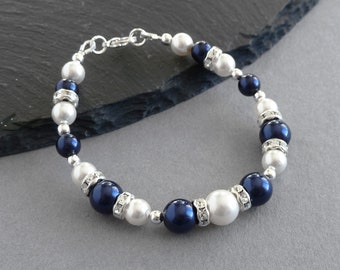 Marine Perle und Kristall Armband - Dunkelblaue Brautjungfern / Braut Schmuck - Midnight Blue Hochzeits-Accessoires - Brautparty Geschenke für Frauen