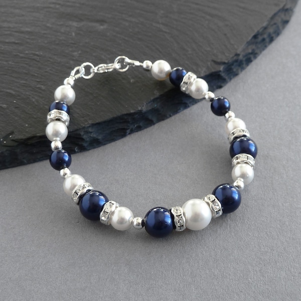 Navy Pearl and Crystal Bracelet - Dark Blue Bridesmaids / Bridal Jewelry - Midnight Blue Wedding Accessories - Bridal Party Gifts for Women