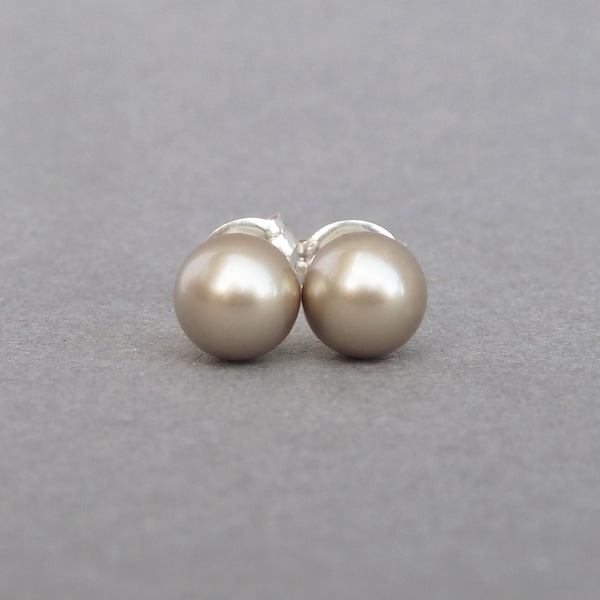 6mm Platinum Swarovski Pearl Studs - Round Champagne Ball Post/Stud Earrings - Taupe Wedding Party Jewelry - Beige/Gold Bridesmaids Gifts