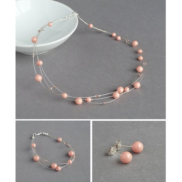 Pink Coral Jewellery Set - Peach Floating Pearl Necklace, Bracelet and Earrings - Salmon Bridal Party Gifts - Bridesmaids / Wedding Jewelry