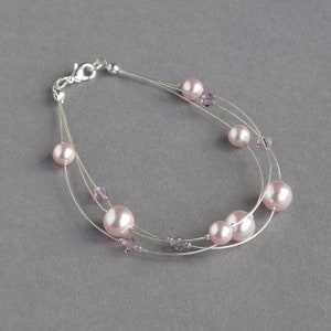Blush Pink Floating Pearl Bracelet - Pale Pink Jewellery for Women - Light Pink 3 Strand Bridesmaids Bracelets - Baby Pink Bridal Party Gift