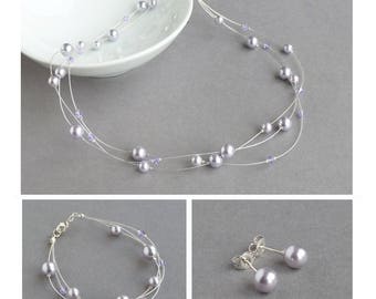 Lavender Floating Pearl Jewellery Set - Lilac Bridal Party Gifts - Crystal Necklace, Bracelet and Stud Earrings - Periwinkle Bridesmaids