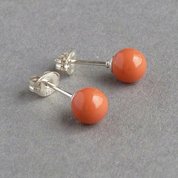 6mm Orange Coral Studs - Salmon Peach Glass Pearl Post Earrings - Pumpkin Bridesmaid Jewellery - Bridesmaids Gifts - Colourful Post Earrings