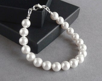 Simple White Pearl Bridal Bracelet - Swarovski Pearl Bracelets for Brides - Mother of the Groom/Bride - Ivory Bridesmaids Gifts for Weddings