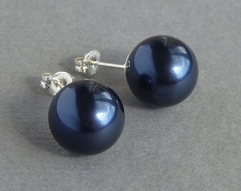 Large Navy Pearl Studs - 12mm Dark Blue Glass Stud Earrings - Midnight Blue Bridesmaid Jewellery - Mother of the Bride Post Earrings