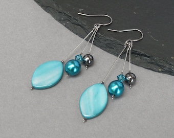 Three Strand Teal Dangly Earrings - Long Peacock Blue Drop Earrings - Everyday Petrol Blue Jewellery Gifts for Women - Aquamarine Pearl