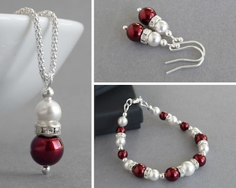 Burgundy Pearl Jewellery Set - Marsala Bridal Party Gifts - Dark Red and White Bridesmaid Jewellery - Claret Necklace, Bracelet and Earrings