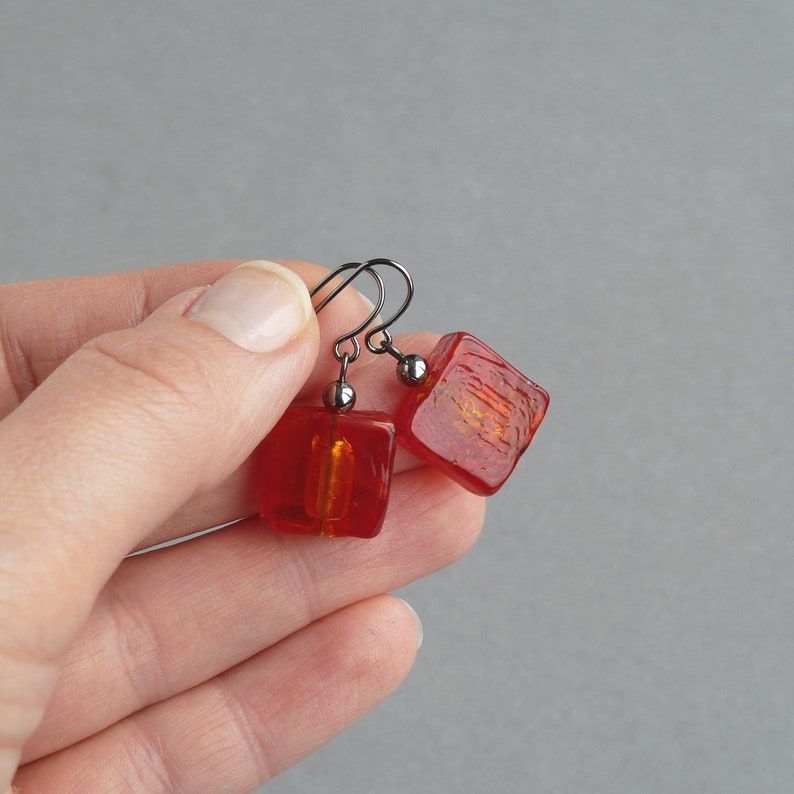 Bright Red Fused Glass Dangle Earrings Flame Red Square Drop Earrings Colourful, Everyday Jewellery for Women Scarlet Gifts for Her image 3