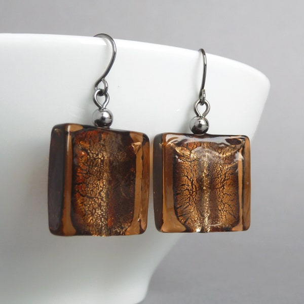 Big Brown Fused Glass Dangle Earrings - Large Bronze Square Drop Earrings - Gifts for Women - Colourful Everyday Jewellery for Her