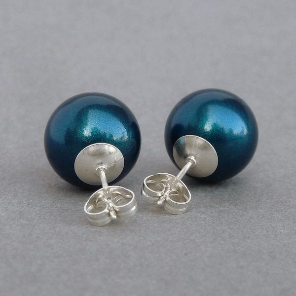 12mm Chunky Teal Stud Earrings - Large Round Petrol Blue Swarovski Pearl Studs - Big Coloured Glass Pearl Post Earrings - Jewellery Gifts