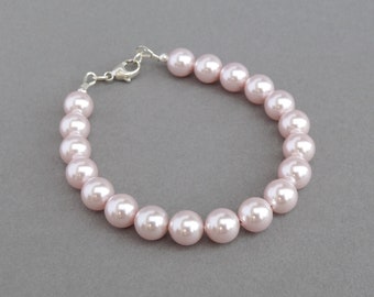 Blush Pink Pearl Bracelet - Simple Light Pink Bridal Jewelry - Pale Pink Bridesmaids Gifts - Single Strand Pearl Bracelets for Weddings