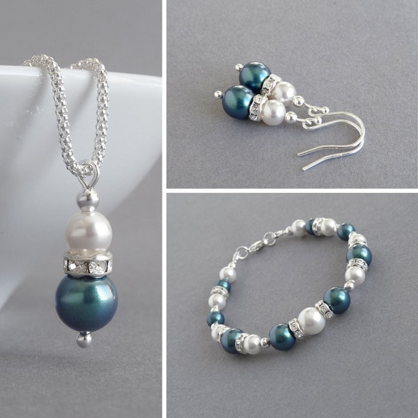 Dark green Pearl Jewellery Set - Teal Pearl and Crystal Jewelry - Petrol Blue & White Bridesmaids Necklace, Bracelet and Earrings - Wedding