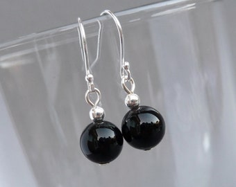 Simple Black Onyx Drop Earrings - Sterling Silver and Jet Black Dangle Earrings - Everyday Jewelry Gifts for Women - Gothic Wedding Earrings