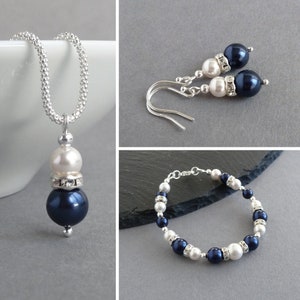 Navy Pearl and Crystal Jewellery Set - Dark Blue Bridesmaids Jewellery - Navy and White Pearl Necklace, Bracelet and Earrings for Weddings