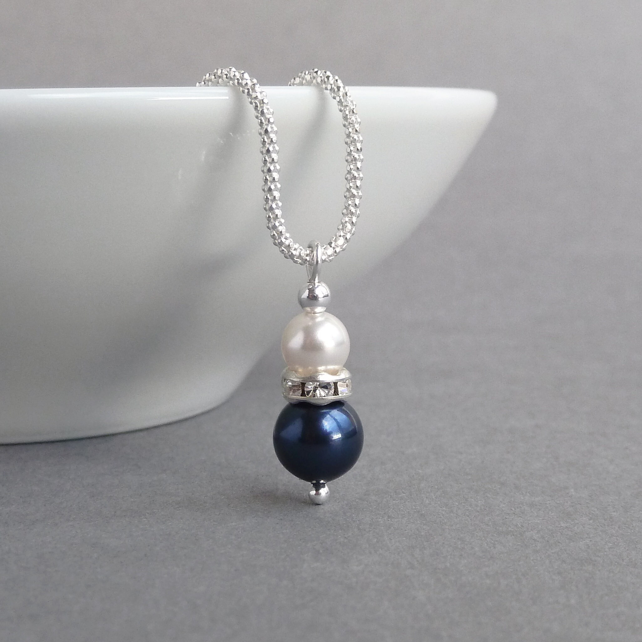 Navy Pearl Drop Necklace - White and Dark Blue Wedding Accessories - Midnight Blue Pearl and Crystal Bridesmaid Jewelry - Bridal Party Gifts