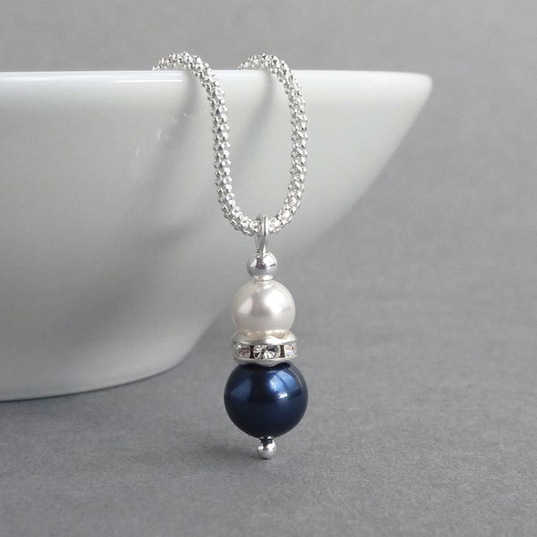 Navy Pearl Drop Necklace - White and Dark Blue Wedding Accessories - Midnight Blue Pearl and Crystal Bridesmaid Jewelry - Bridal Party Gifts