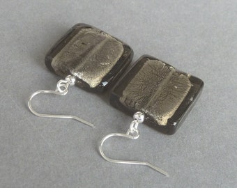 Large Grey Square Dangle Earrings - Big Grey Fused Glass Drop Earrings - Dark Grey Gifts for Women - Everyday Jewellery for Her