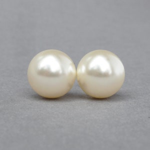 12mm Cream Swarovski Pearl Stud Earrings - Large Ivory Glass Pearl Studs - Chunky Jewellery Gifts for Women - Simple, Round Everyday Studs