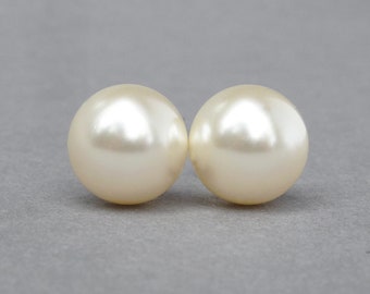 Pendientes de perlas Swarovski de color crema de 12 mm - grandes tachuelas de perlas de vidrio de marfil - regalos de joyería gruesa para mujeres - tachuelas simples y redondas para todos los días