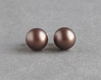 6 mm Samt Braun Perlen Ohrstecker - Satin Bronze Swarovski Perle Ohrstecker für Frauen - Dunkle Schokolade Hochzeit Party Schmuck für Brautjungfern