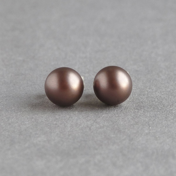 6mm Velvet Brown Pearl Studs - Satin Bronze Swarovski Pearl Stud Earrings for Women - Dark Chocolate Wedding Party Jewellery for Bridesmaids