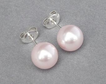 8mm Blush Pink Pearl Studs - Light Baby Pink Stud Earrings for Weddings - Pale Pink Bridesmaids Gifts - Powder Pink Jewellery for Women