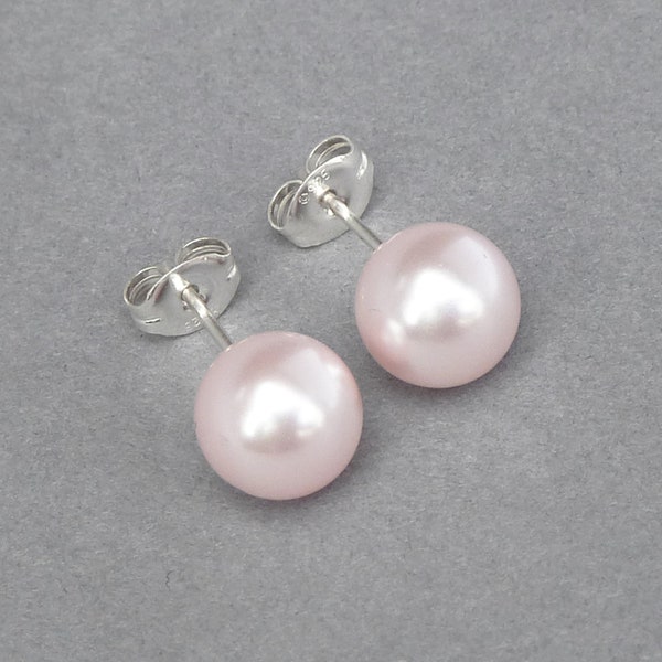 8mm Blush Pink Pearl Studs - Light Baby Pink Stud Earrings for Weddings - Pale Pink Bridesmaids Gifts - Powder Pink Jewellery for Women