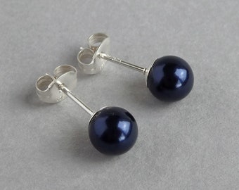 6mm Navy Pearl Stud Earrings - Small Dark Blue Glass Pearl Studs - Simple Midnight Blue Round Ball Studs - Colourful Jewelry Gifts for Women