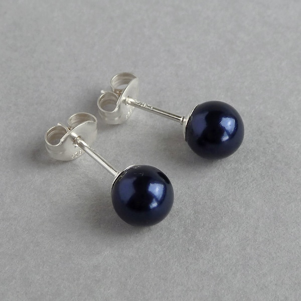 6mm Navy Pearl Stud Earrings - Small Dark Blue Glass Pearl Studs - Simple Midnight Blue Round Ball Studs - Colourful Jewelry Gifts for Women