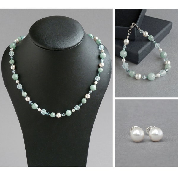 Sage Beaded Jewellery Set - Mint Single Strand Jewellery Sets for Women - Dusty Green Necklace, Bracelet and Earrings - Duck Egg Blue Gifts