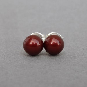 6mm Bordeaux Swarovski Pearl Stud Earrings Small, Round Burgundy Coloured Glass Pearl Studs Maroon Faux Pearl Jewellery Gifts for Women image 1