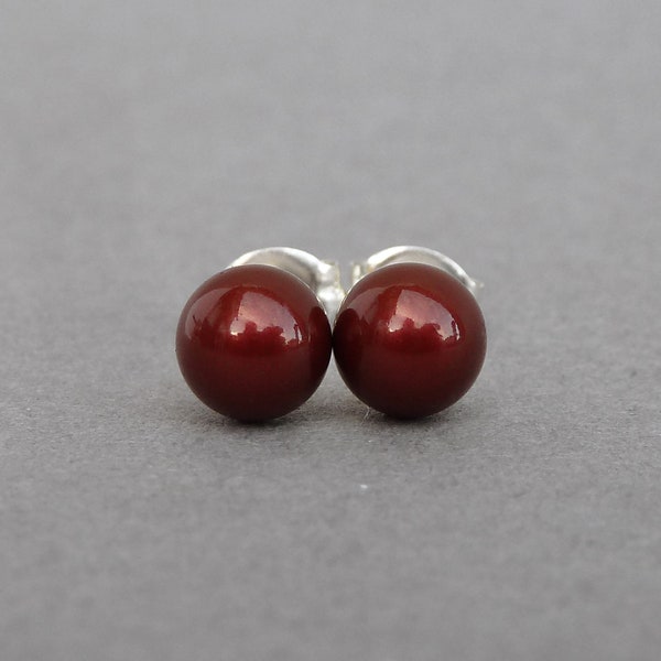 6mm Bordeaux Swarovski Pearl Stud Earrings - Small, Round Burgundy Coloured Glass Pearl Studs - Maroon Faux Pearl Jewellery Gifts for Women