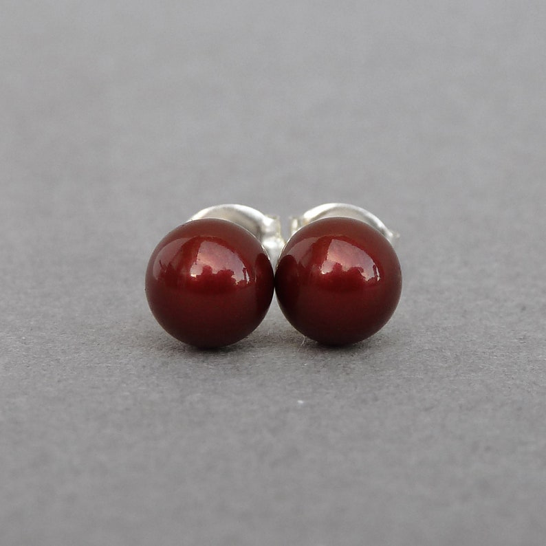 6mm Bordeaux Swarovski Pearl Stud Earrings Small, Round Burgundy Coloured Glass Pearl Studs Maroon Faux Pearl Jewellery Gifts for Women image 1