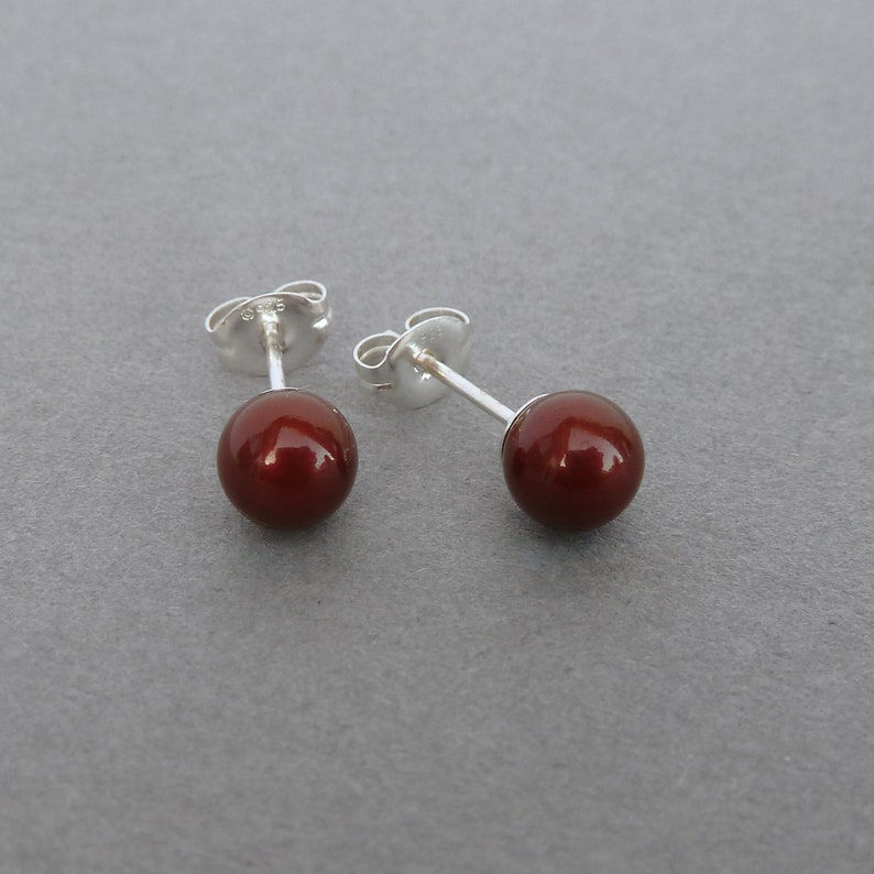 6mm Bordeaux Swarovski Pearl Stud Earrings Small, Round Burgundy Coloured Glass Pearl Studs Maroon Faux Pearl Jewellery Gifts for Women image 3