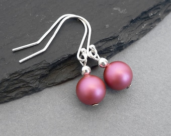 Simple Raspberry Pink Pearl Drop Earrings - Dark Pink Dangly Earrings - Mulberry Everyday Jewellery - Colourful Fuchsia Gifts for Women