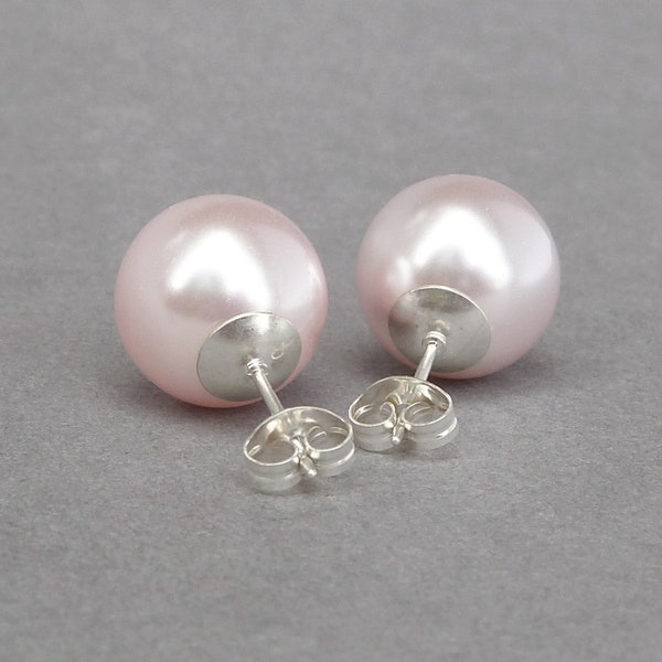 12mm Chunky Blush Pearl Studs - Large Baby Pink Stud Earrings for Women - Pale Pink Mother of the Bride/Groom - Light Powder Pink Jewellery