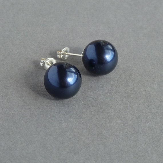 Large Navy Pearl Studs Dark Blue Swarovski Stud Earrings Etsy